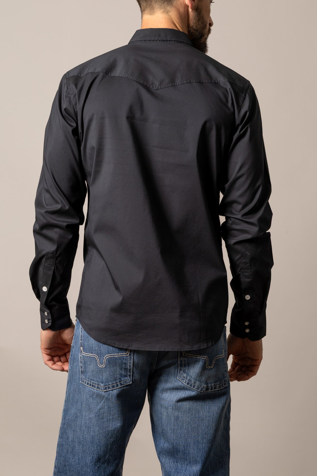 Kimes Ranch Talbott dress shirt in Black, back view, with a back yoke and button cuffs