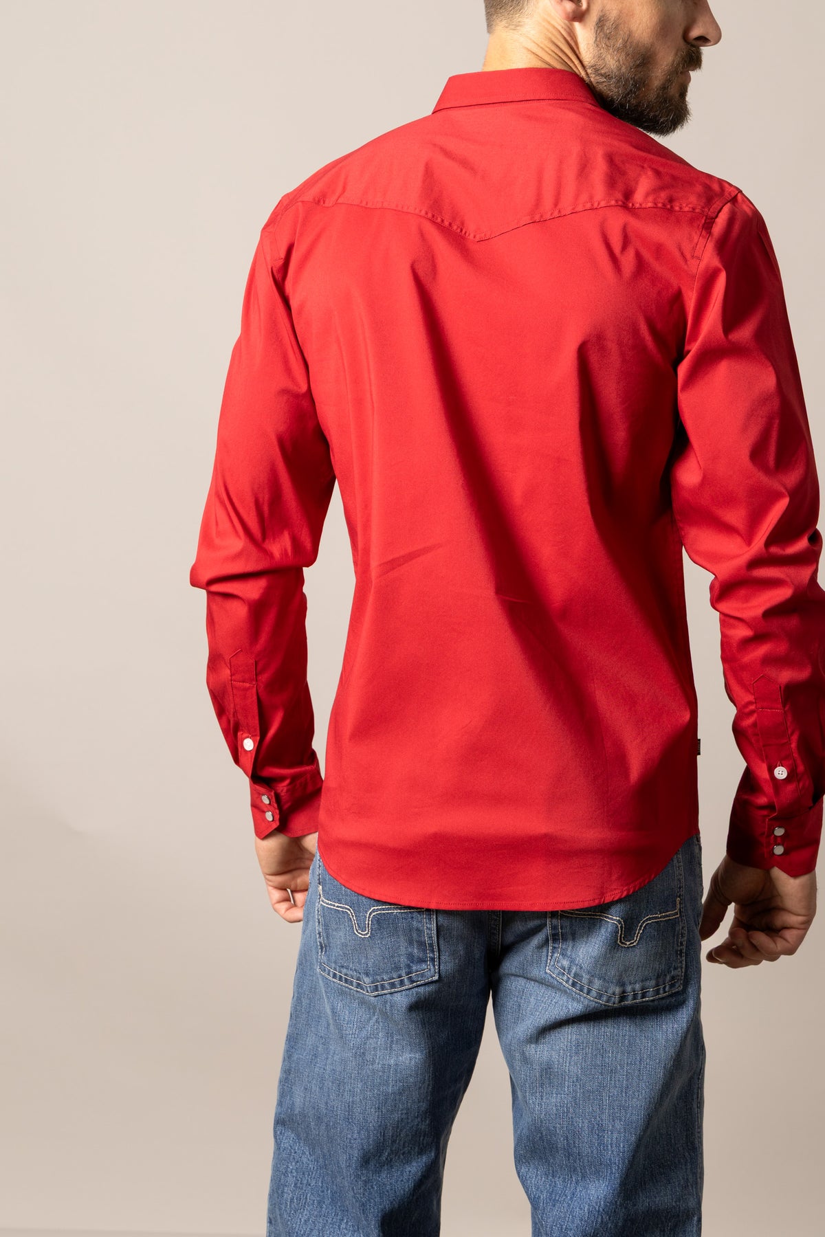 Kimes Ranch Talbott dress shirt in Red, back view, with a back yoke and buttoned cuffs