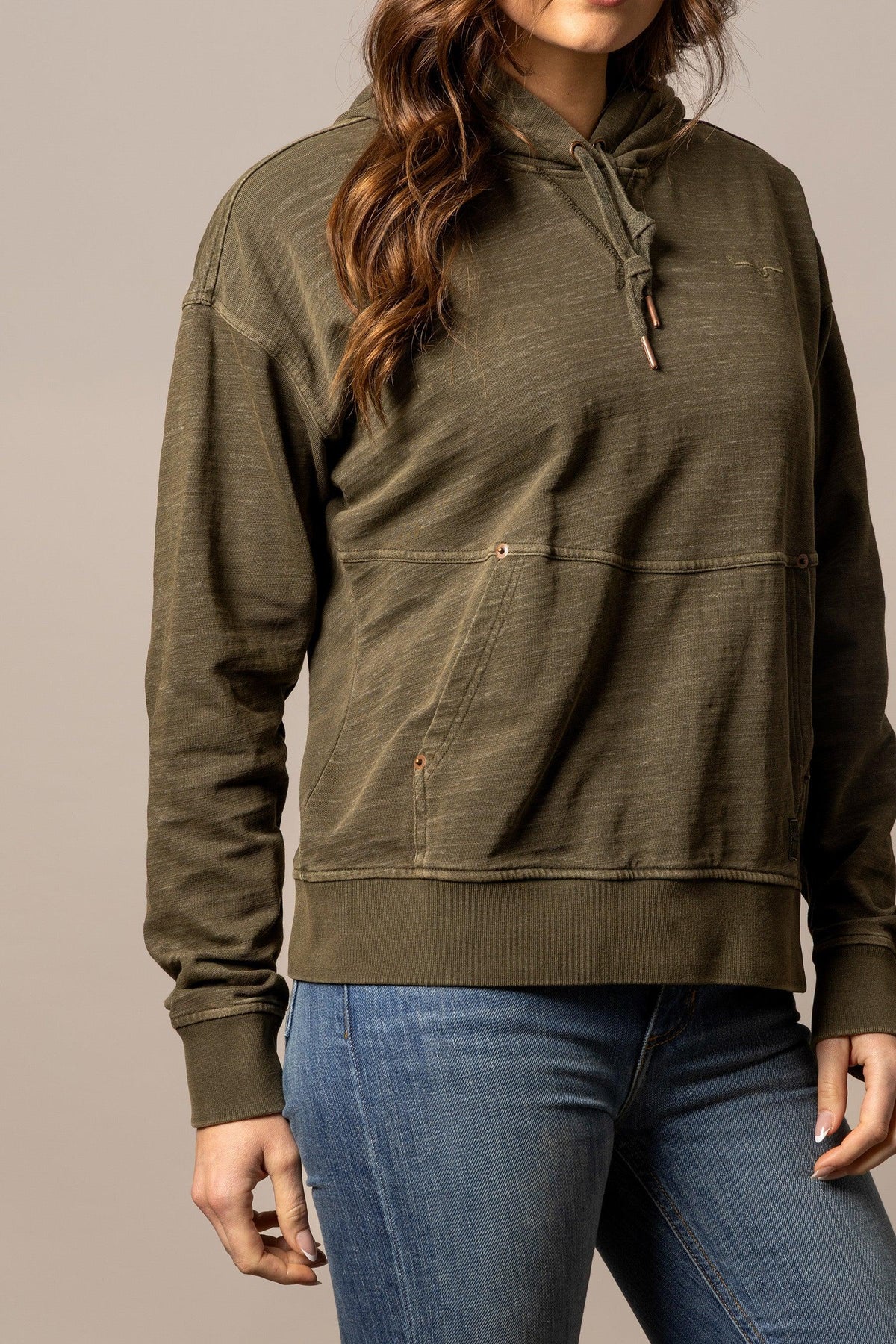 Kimes Ranch Tess Western Hoodie in Dark Olive with a kangaroo pocket and drawstring hood