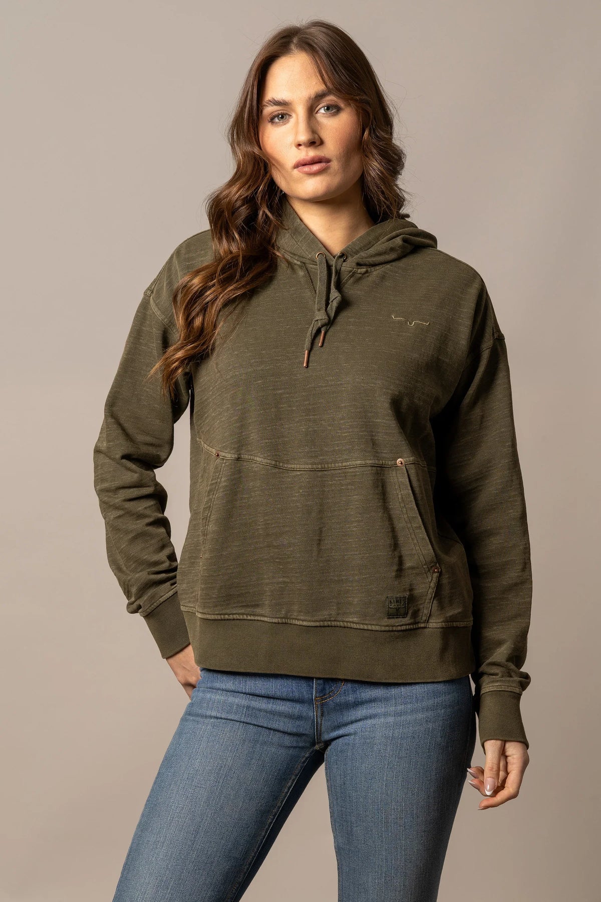 Kimes Ranch Tess Western Hoodie in Dark Olive with kangaroo pocket and embroidered logo