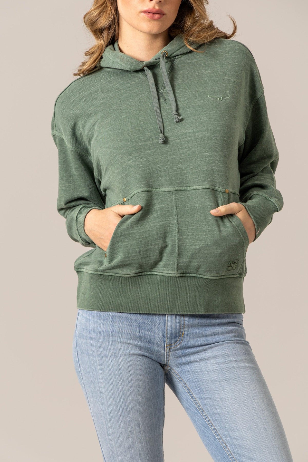 Kimes Ranch Tess Western Hoodie in Pine with a front kangaroo pocket and embroidered Kimes Ranch logo