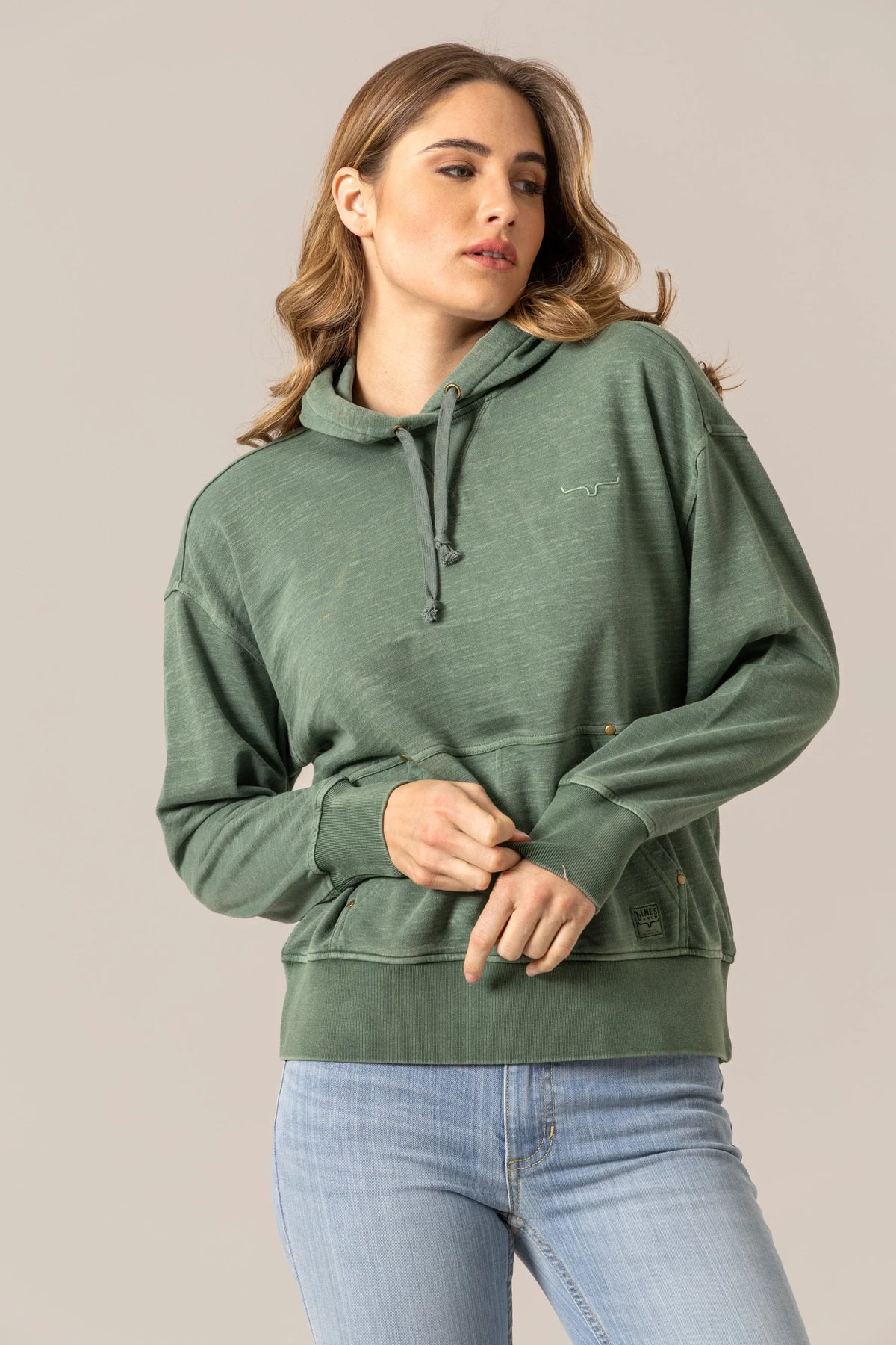 Kimes Ranch Tess Western Hoodie in Pine with embroidered logo and kangaroo pocket