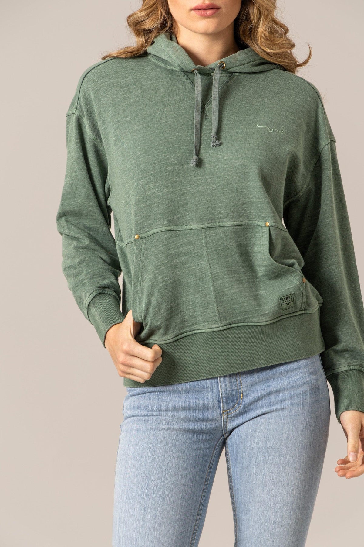 Kimes Ranch Tess Western Hoodie in Pine with a front kangaroo pocket and embroidered logo