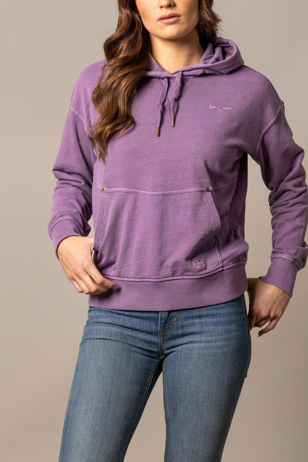 Kimes Ranch Tess Western Hoodie in Plum with a front kangaroo pocket and embroidered logo