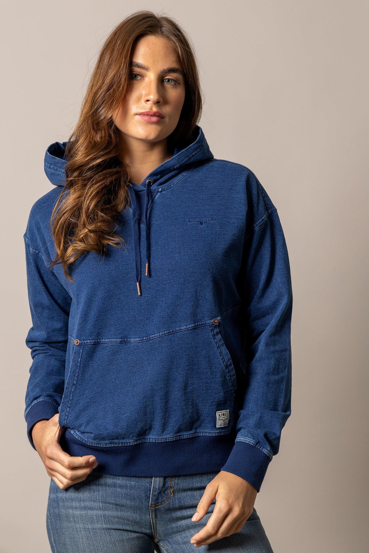 Kimes Ranch Tess Western Hoodie in Indigo Blue with embroidered logo and front kangaroo pocket