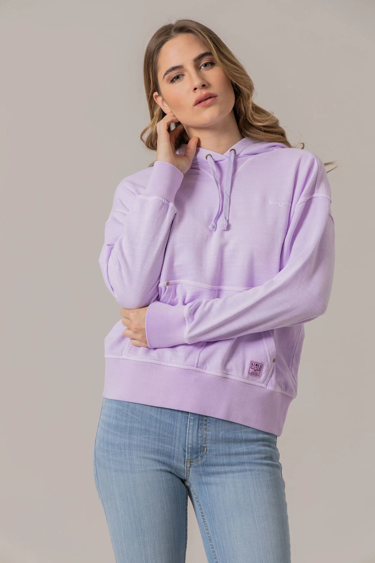 Kimes Ranch Tess Western Hoodie in Lavender with a front kangaroo pocket and embroidered logo