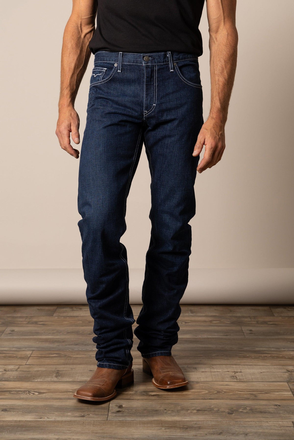 Kimes Ranch Thomas Straight Fit Bootcut jeans in dark indigo with contrast stitching and front pockets