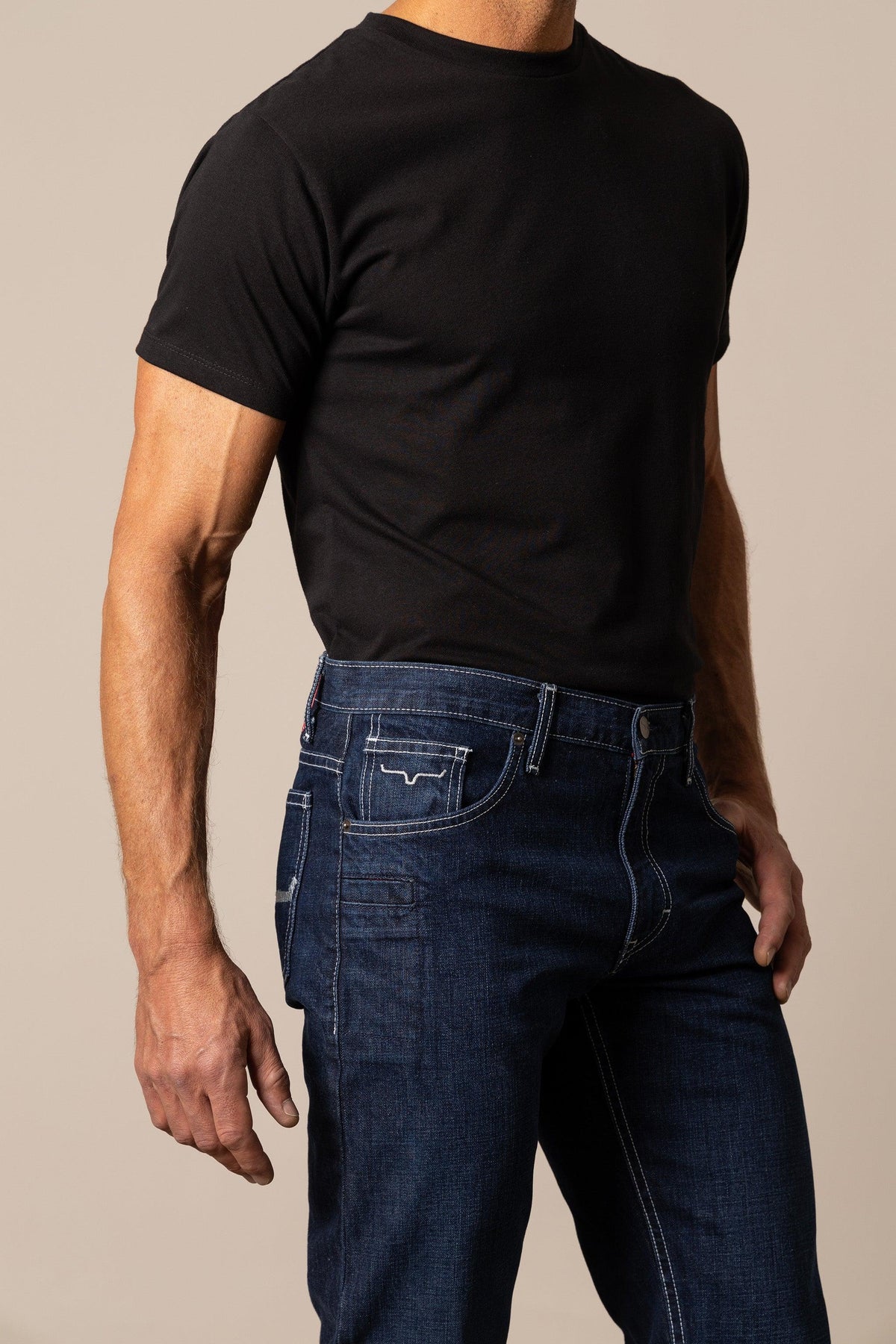 Kimes Ranch Thomas Straight Fit Bootcut jeans in dark blue with contrast stitching
