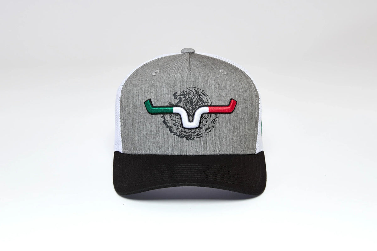 Kimes Ranch Toluca hat in Grey Heather with a Mexican flag longhorn logo and black brim