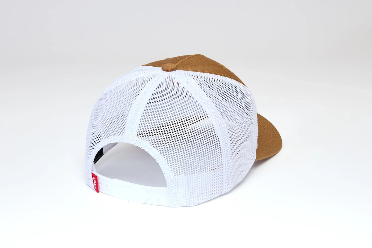 Kimes Ranch Toluca hat in Work Wear Brown, back view, with white mesh back panels and a red logo tag