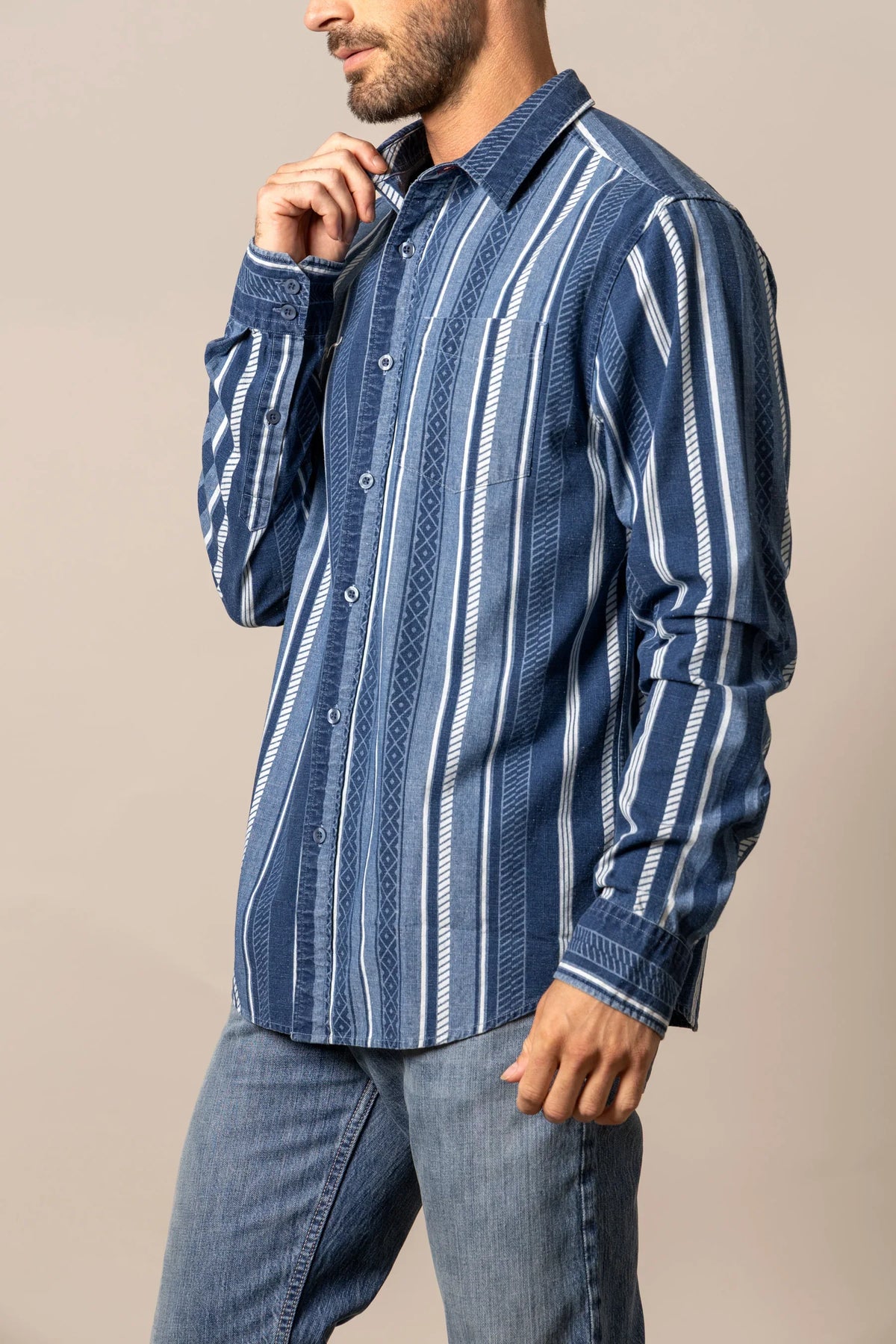Kimes Ranch Tombstone long sleeve dress shirt in Indigo, side view, with vertical stripes and diamond patterns