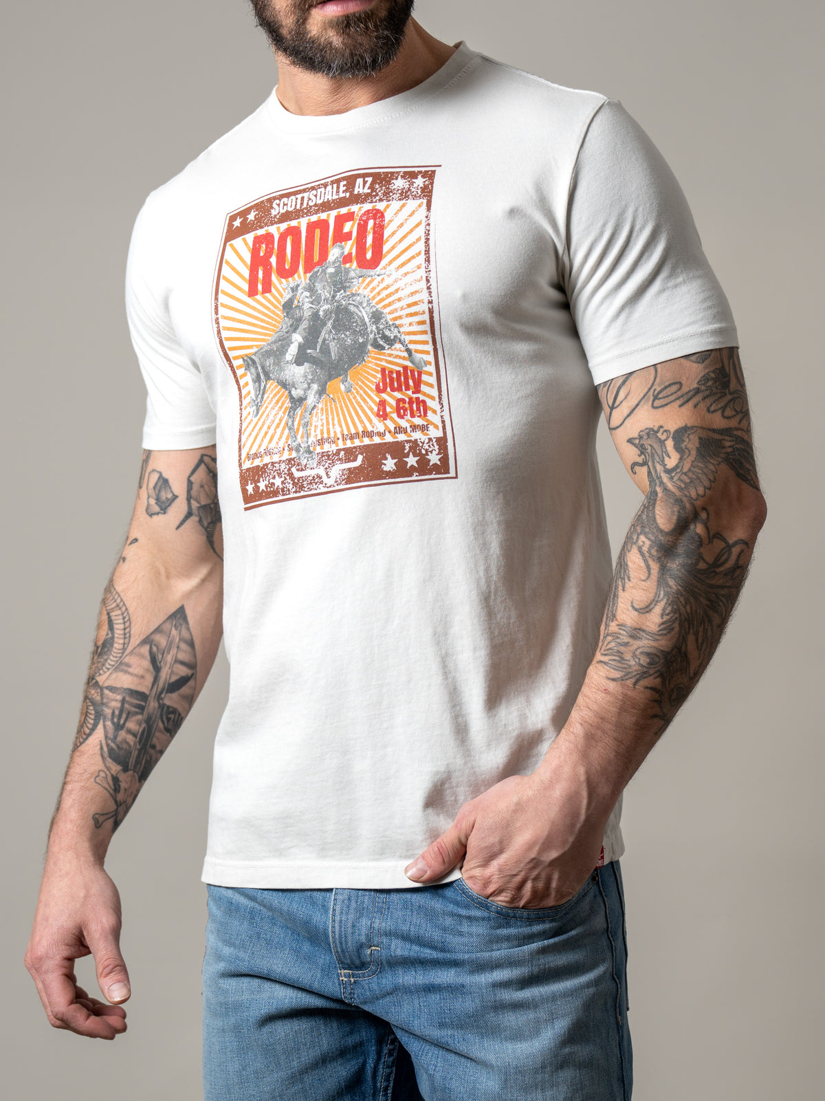 Kimes Ranch Top Bill shirt in Natural with a Scottsdale Rodeo graphic print