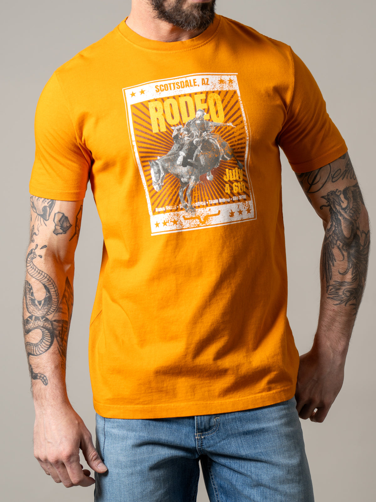 Kimes Ranch Top Bill shirt in Vintage Orange with a Scottsdale Rodeo graphic print
