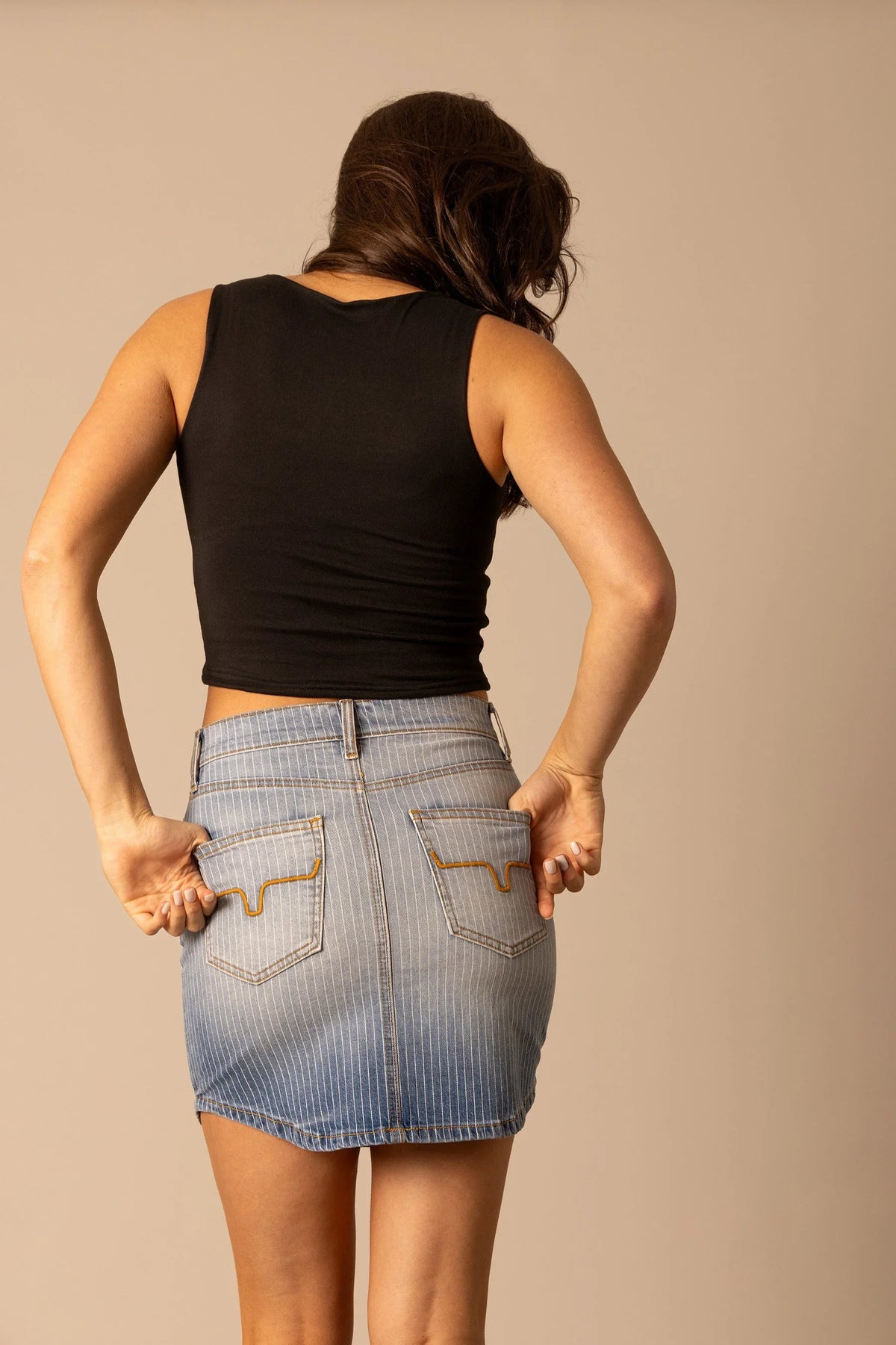 Kimes Ranch Tory Skirt, back view, in Stripe with back pockets and contrast stitching