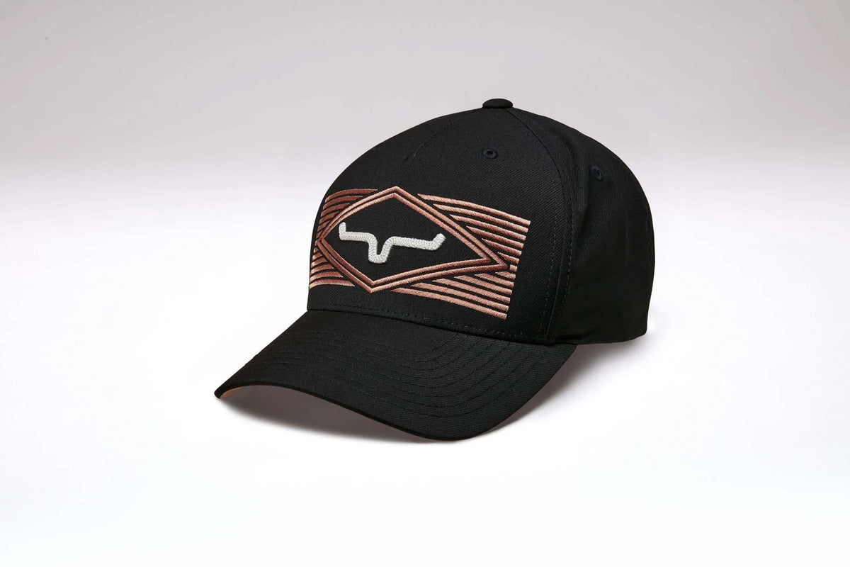 Kimes Ranch Tredwell hat in Black, side view, with a geometric logo featuring a stylized steer mark in copper and white