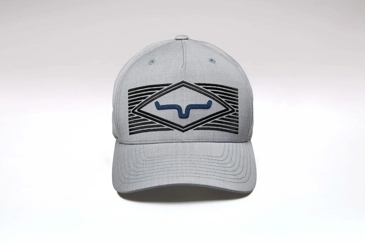 Kimes Ranch Tredwell Grey Heather hat with a blue and black embroidered logo