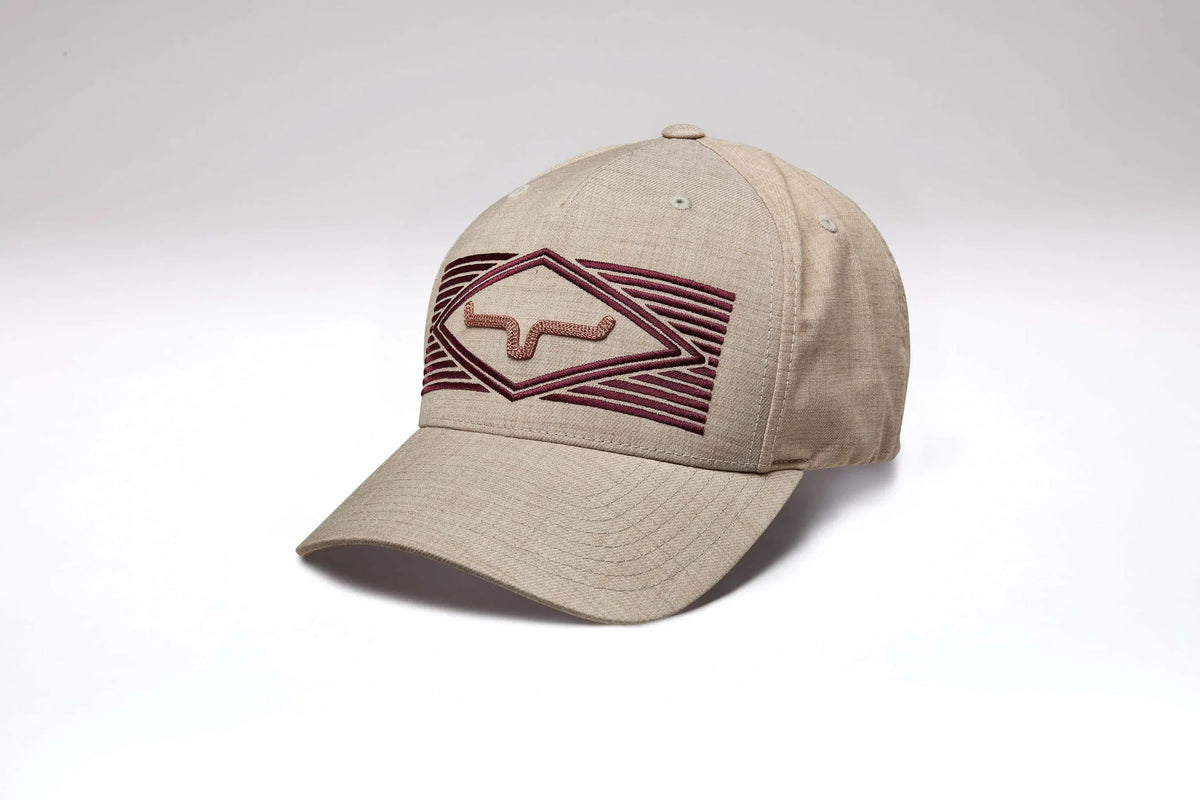 Kimes Ranch Tredwell Khaki hat with embroidered maroon logo on the front