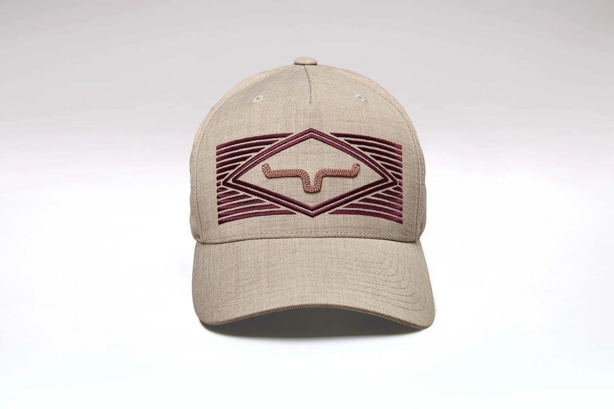 Kimes Ranch Tredwell hat in Khaki with embroidered maroon diamond and the Kimes Ranch logo