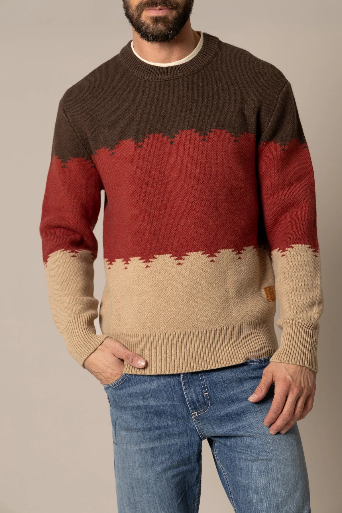 Kimes Ranch Trey Crew sweatshirt in Dark Brown with red and tan color blocking and ribbed trim