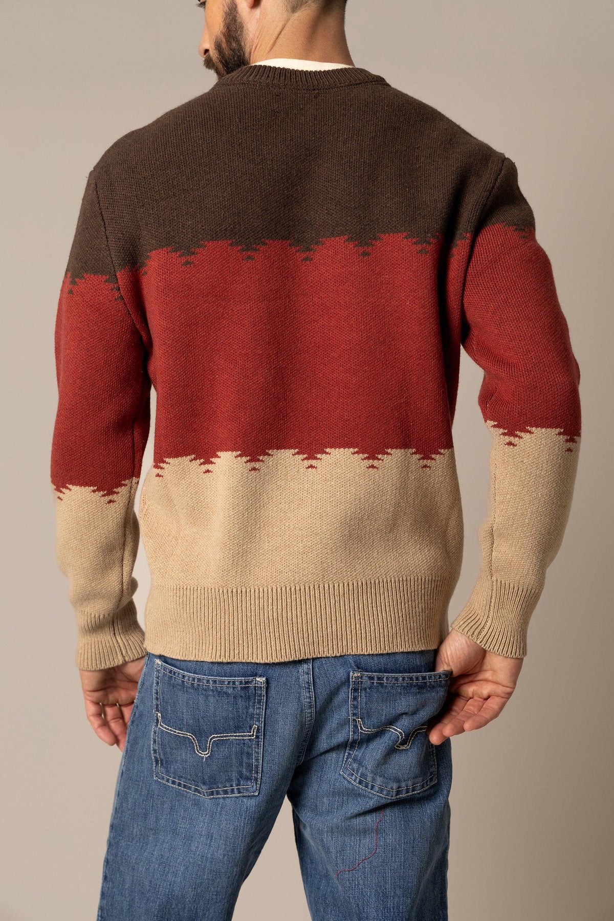 Kimes Ranch Trey Crew, back view, sweatshirt with Dark Brown yoke, red midsection, and tan lower panel