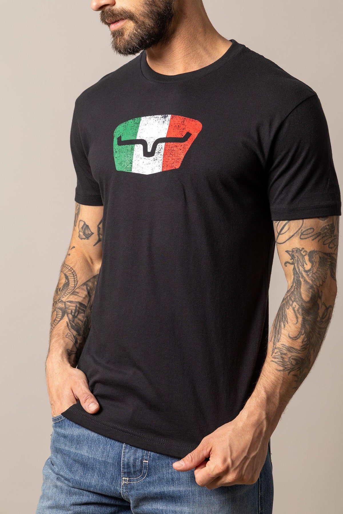 Kimes Ranch Tri-Color Tee in Black with a distressed Italian flag graphic and a stylized steer logo