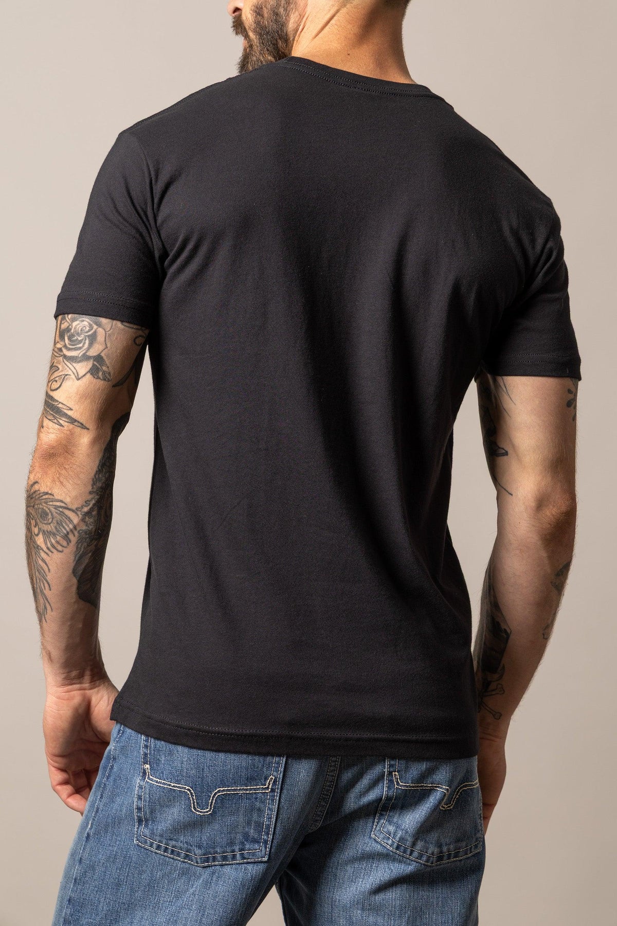Kimes Ranch Tri-Color Tee in Black, back view, with a crew neck and short sleeves