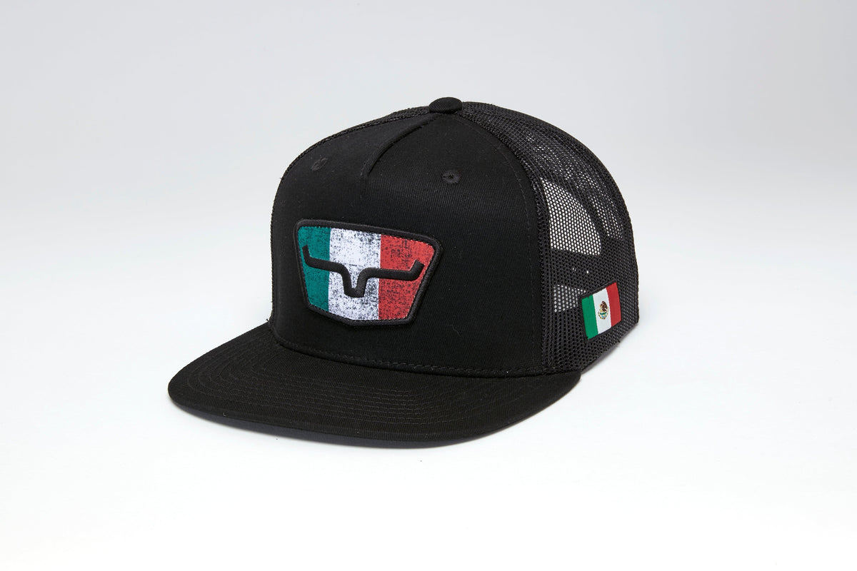 Kimes Ranch Tri Color Hat in Black, side view, with a distressed Mexican flag patch and a small flag patch on the side