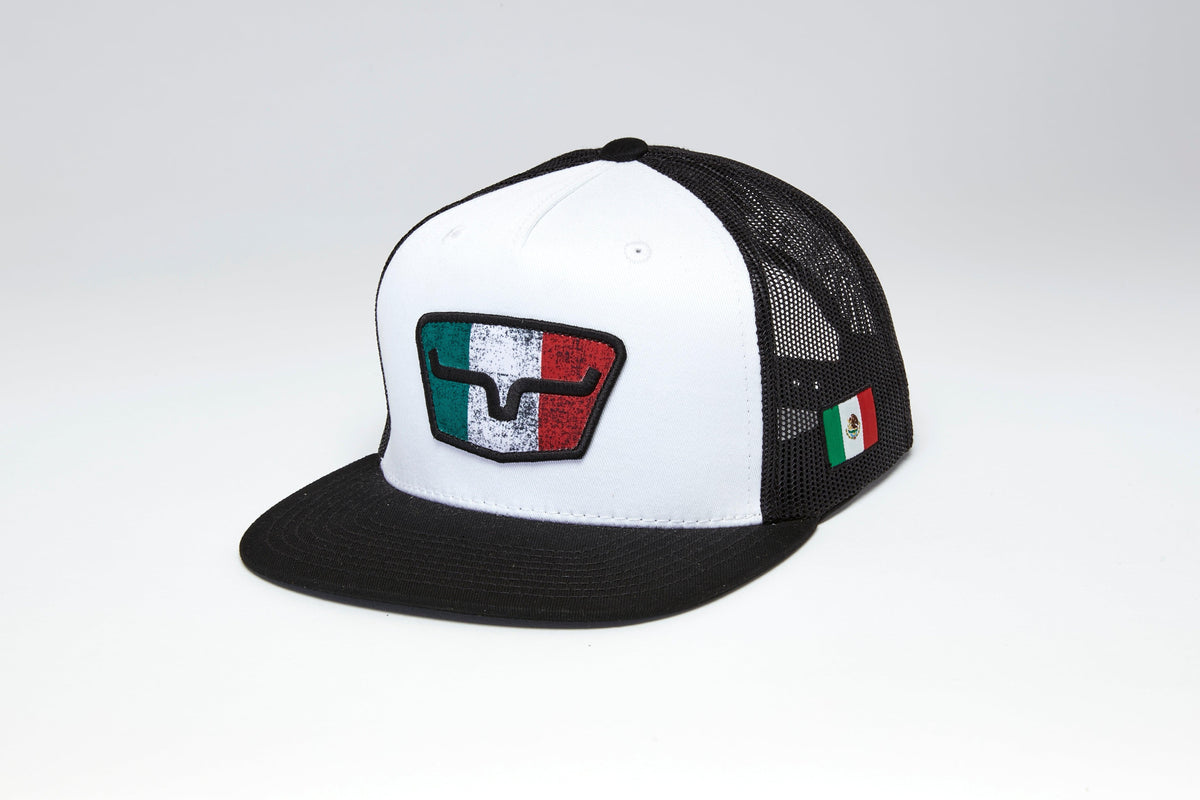 Kimes Ranch Tri Color Hat, side view, in black and white with a Mexican flag patch and logo on the front