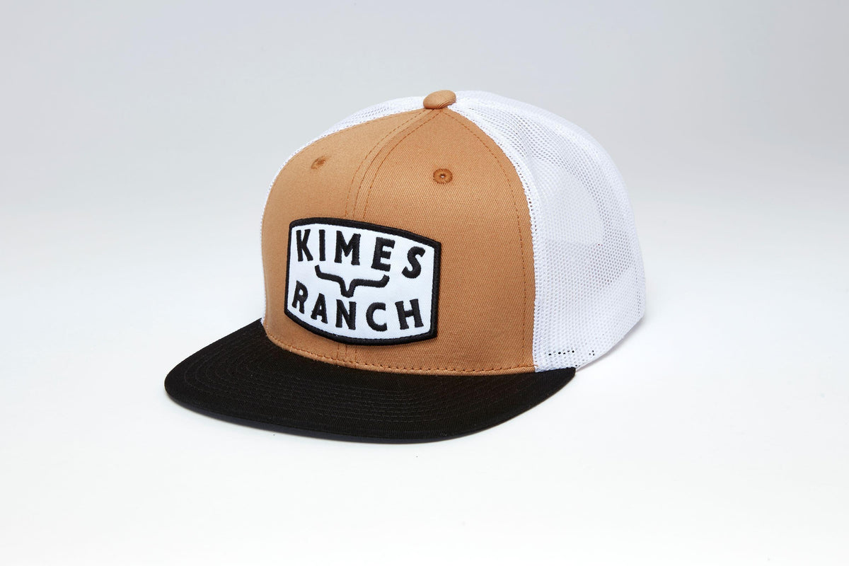 Kimes Ranch Roy hat in Work Wear Brown, side view, with white mesh back and black brim featuring the Kimes Ranch logo