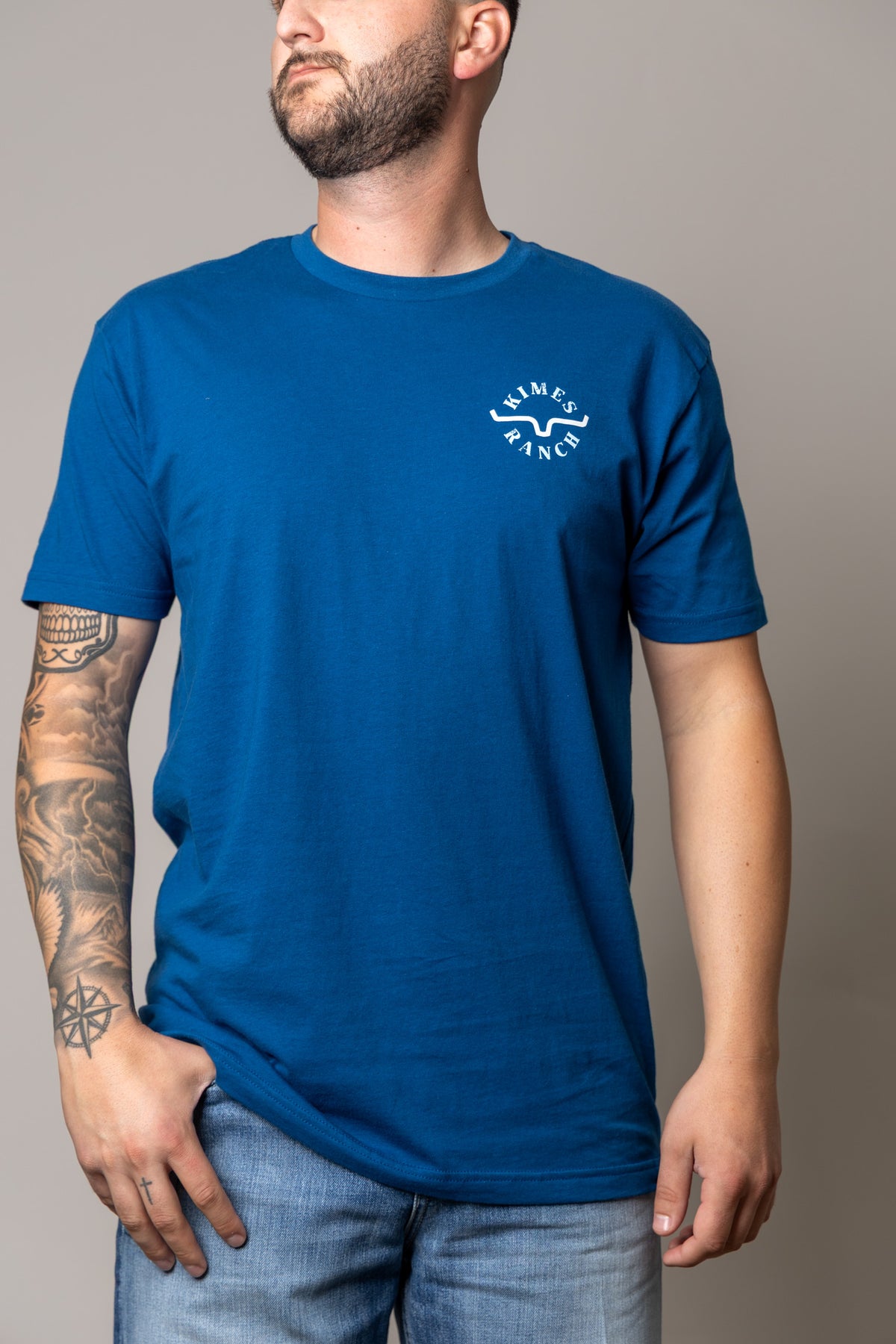 Kimes Ranch Uncomplicated shirt in Cool Blue with a chest logo