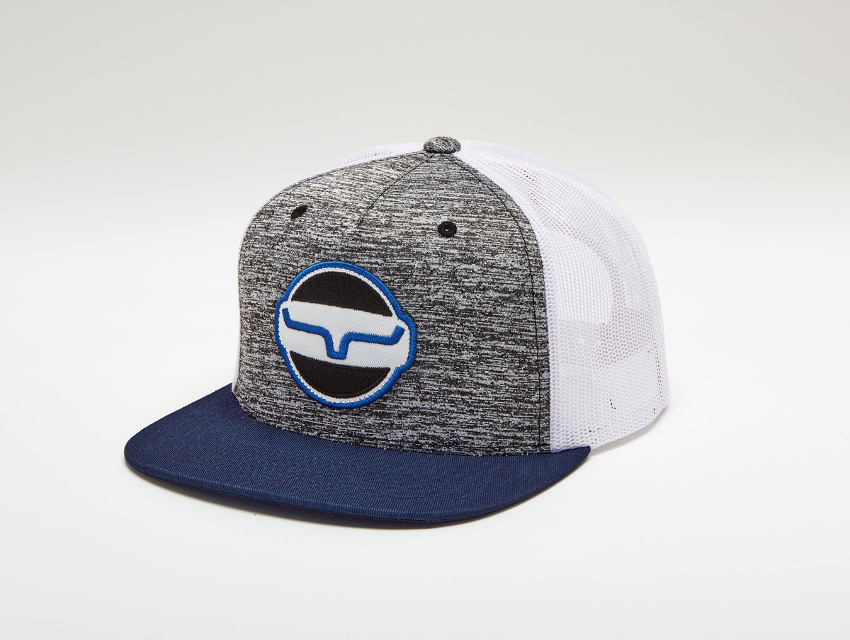 Kimes Ranch Union Made Trucker Hat in Grey Heather, side view, with navy brim and white mesh back