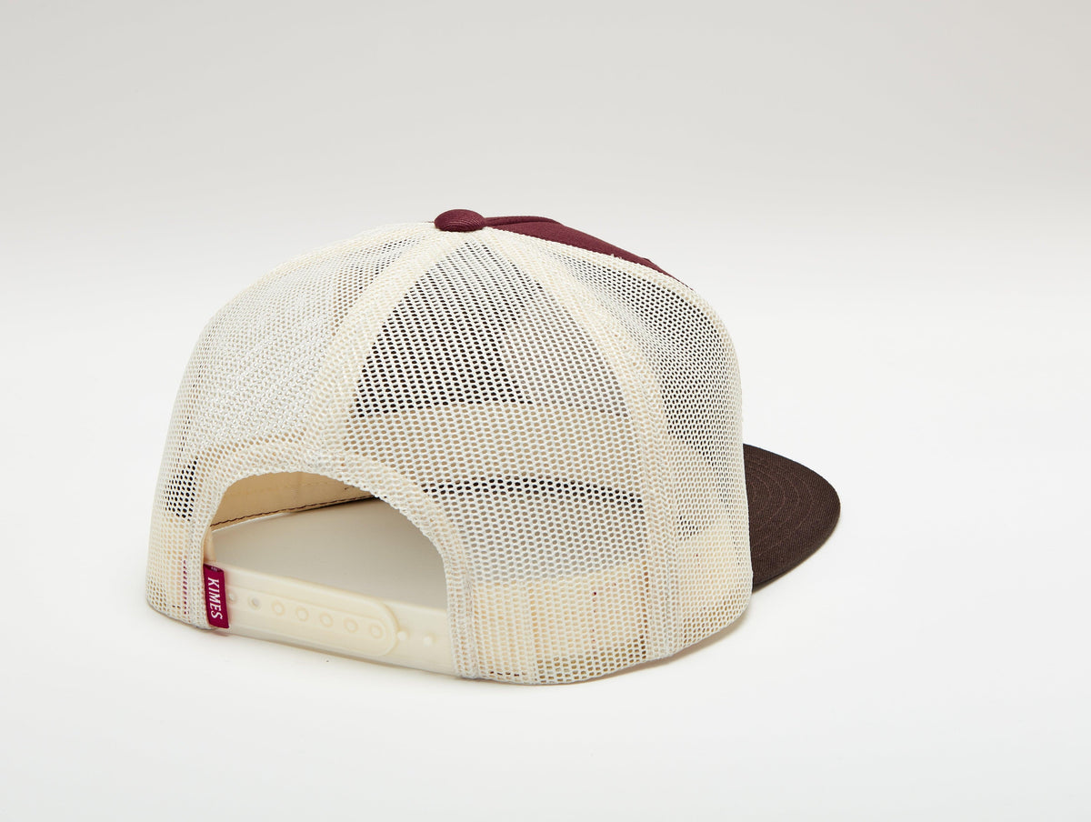 Kimes Ranch Union Made Trucker Hat in Rust, back view, with cream mesh back and adjustable strap