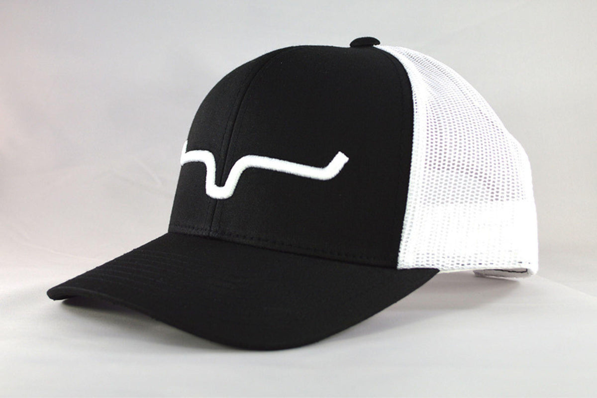 Kimes Ranch Weekly Trucker Hat, side view, in black and white with a white embroidered logo on the front panel