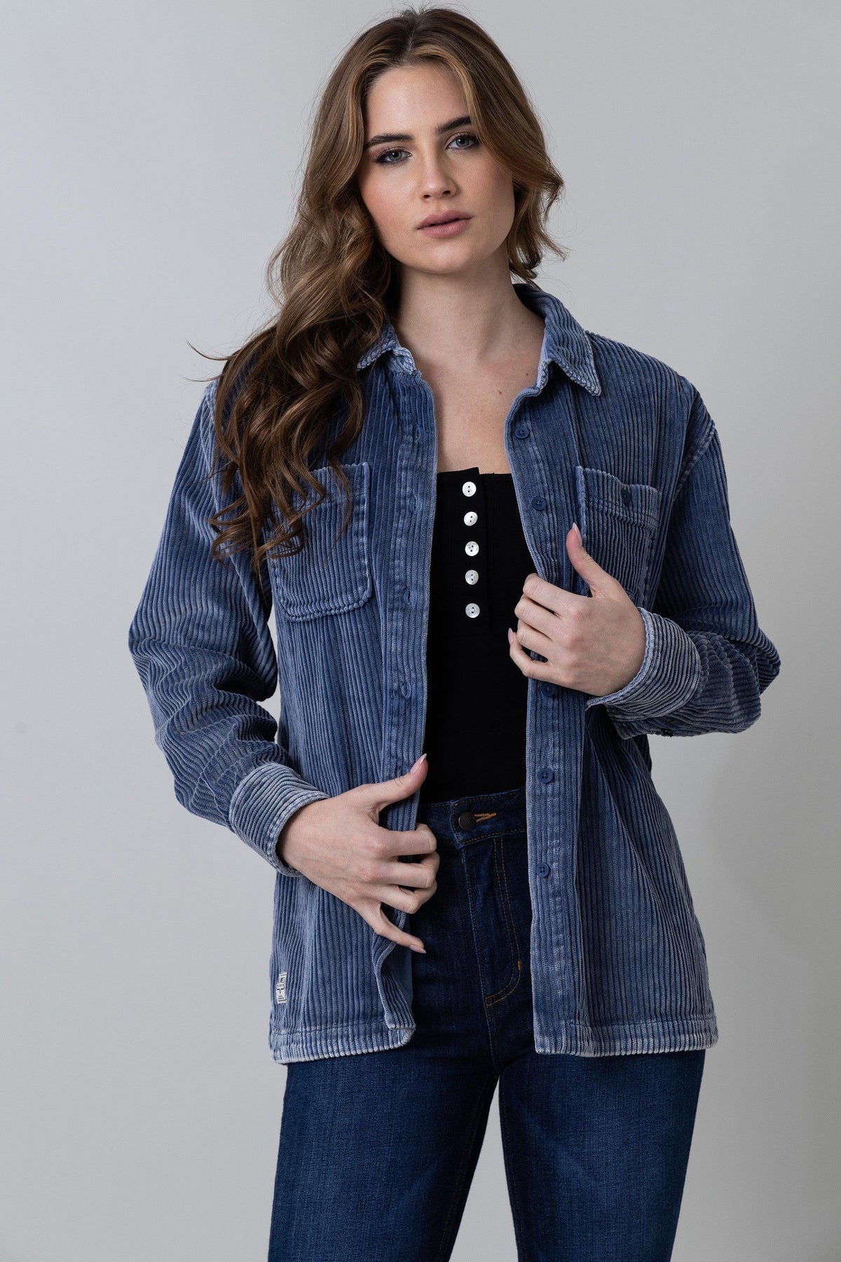 Kimes Ranch Luna Cord top in Slate with long sleeves and front pockets