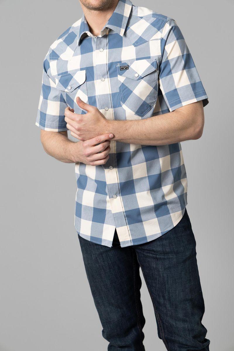 Kimes Ranch Malcom Buffalo Plaid Dress Shirt in Blue with short sleeves and two chest pockets