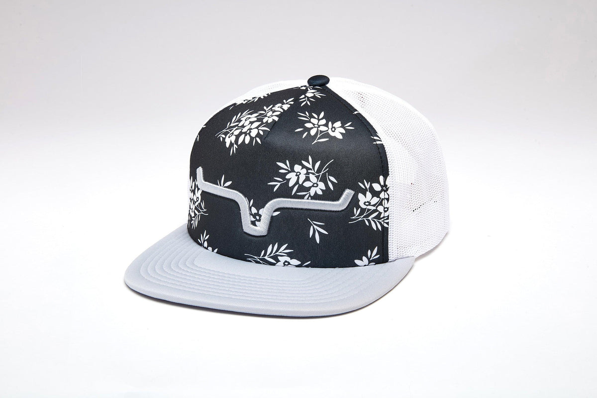 Kimes Ranch Vega hat in Black, side view, with white floral print and grey brim