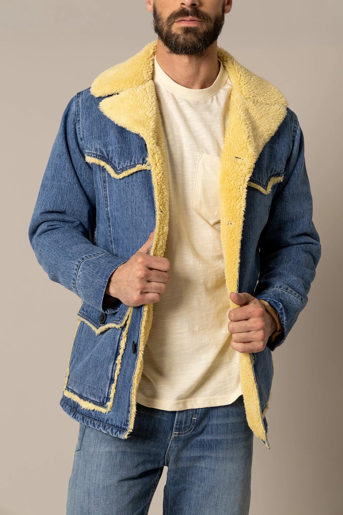 Kimes Ranch Vincent Denim Jacket in Denim with yellow sherpa lining and yoke
