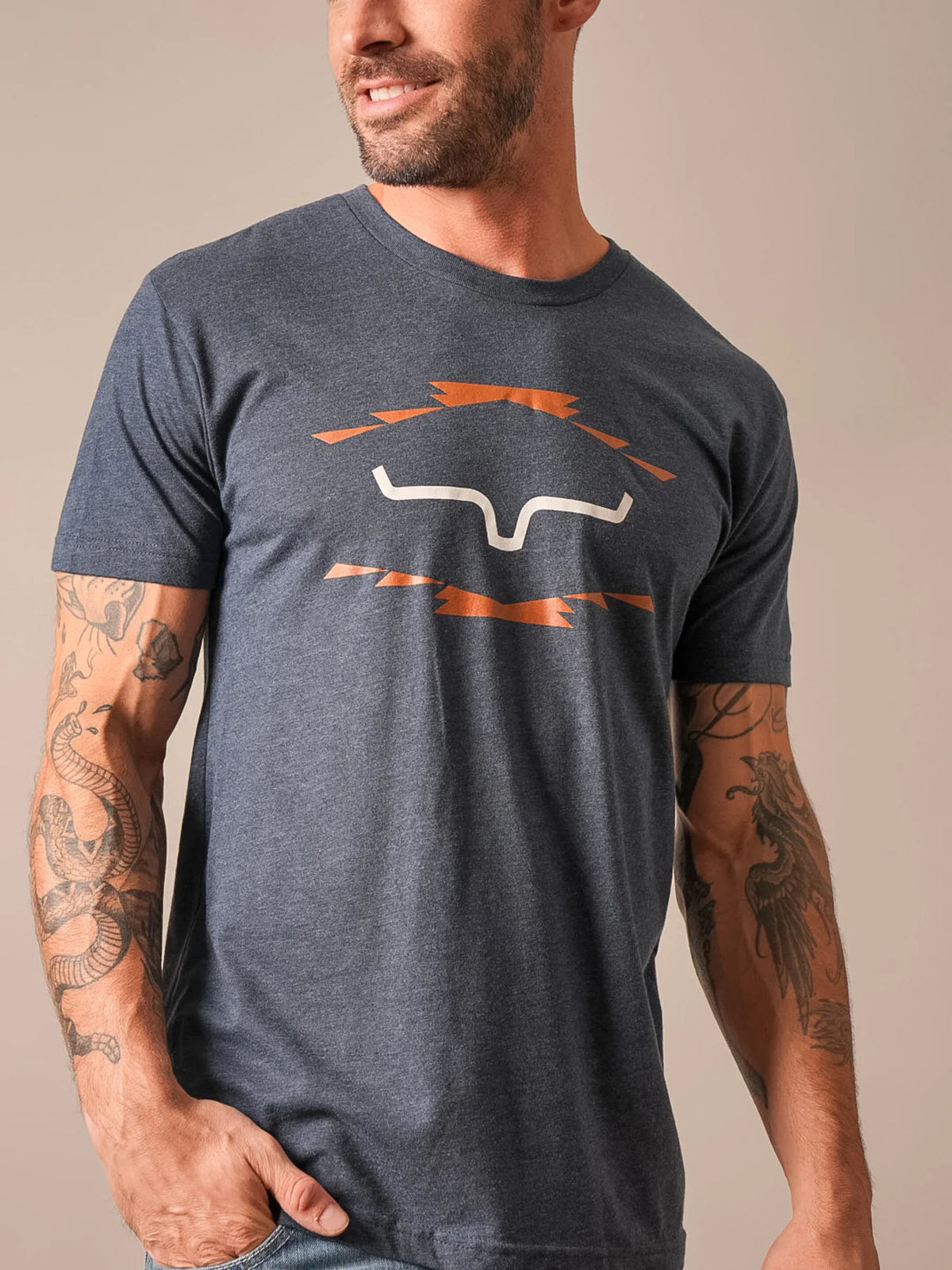 Kimes Ranch Vintage Badge shirt in Midnight Navy with a graphic of a stylized Kimes Ranch logo in orange and white
