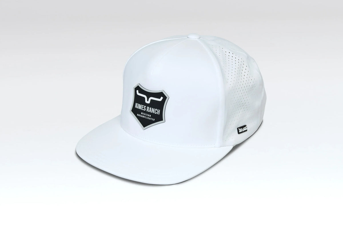 Kimes Ranch Vista hat in White, side view, with a black logo patch and mesh back
