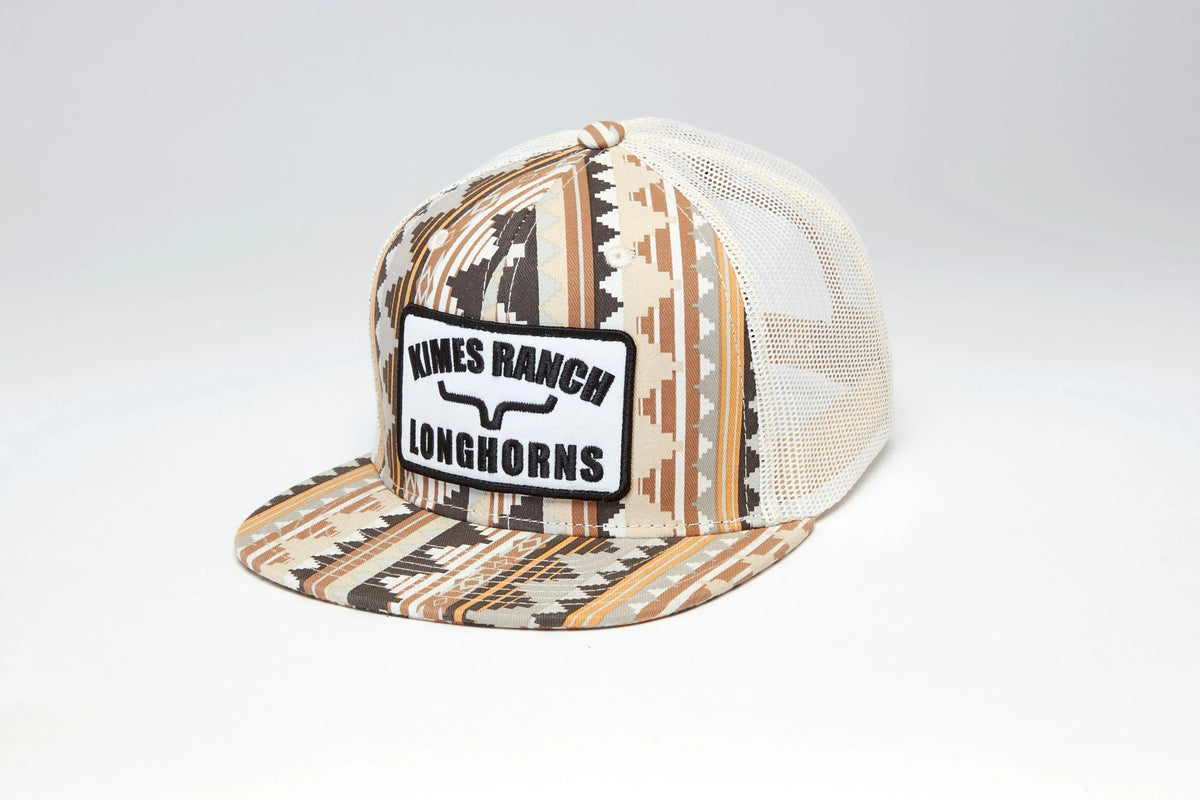 Kimes Ranch LJC Trucker hat in Mustard, side view, with a geometric pattern and a Kimes Ranch logo patch