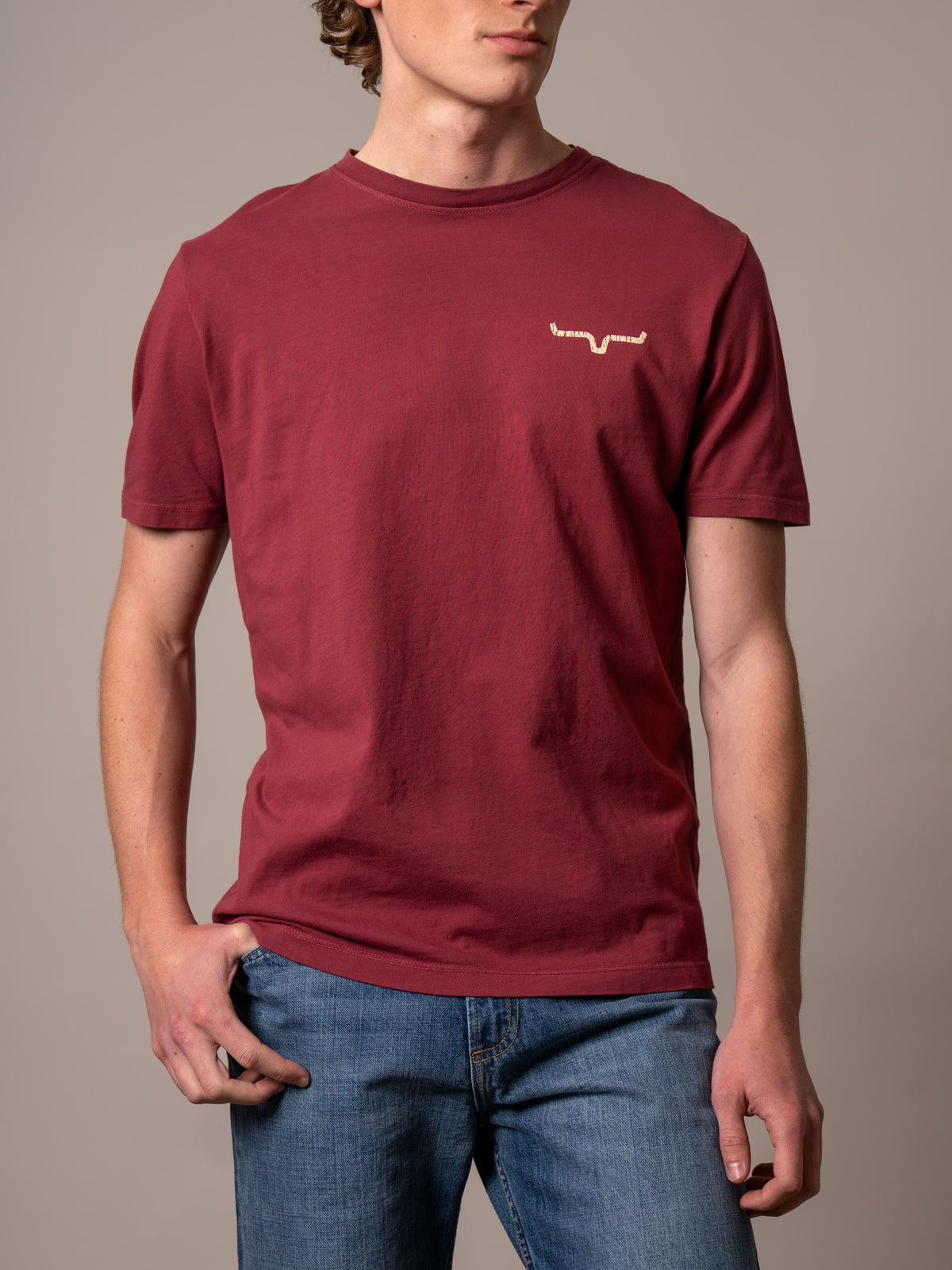 Kimes Ranch Waspy RP shirt in Dark Red with short sleeves and a crew neck and a small logo on the chest