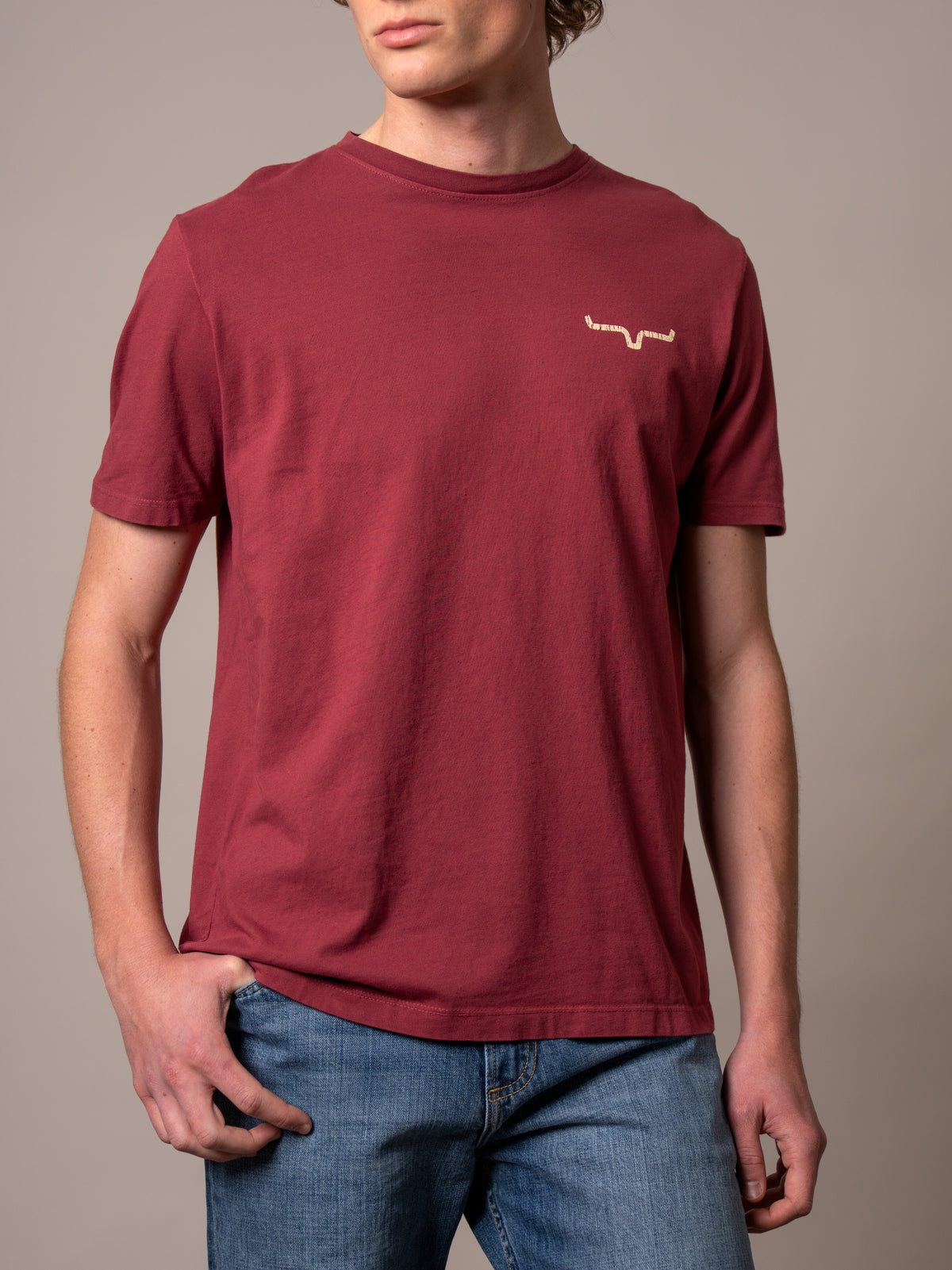 Kimes Ranch Waspy RP shirt in Dark Red with a crew neck and short sleeves and a small logo on the chest