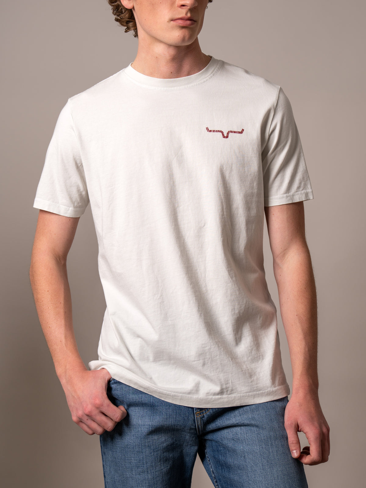 Kimes Ranch Waspy RP shirt in Off White with a red embroidered logo on the chest