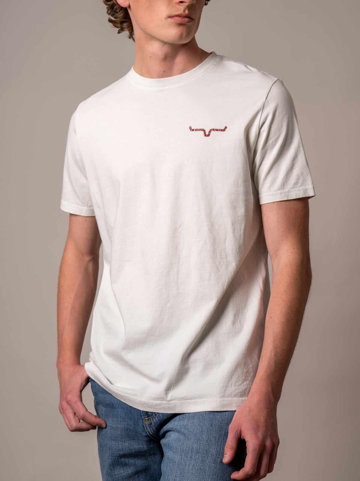 Kimes Ranch Waspy RP shirt in Off White with a red embroidered logo on the chest