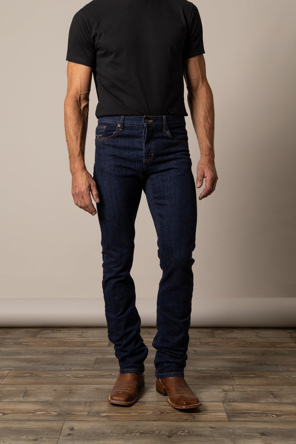 Kimes Ranch Wayne Slim Bootcut jeans in dark indigo with front pockets and contrast stitching