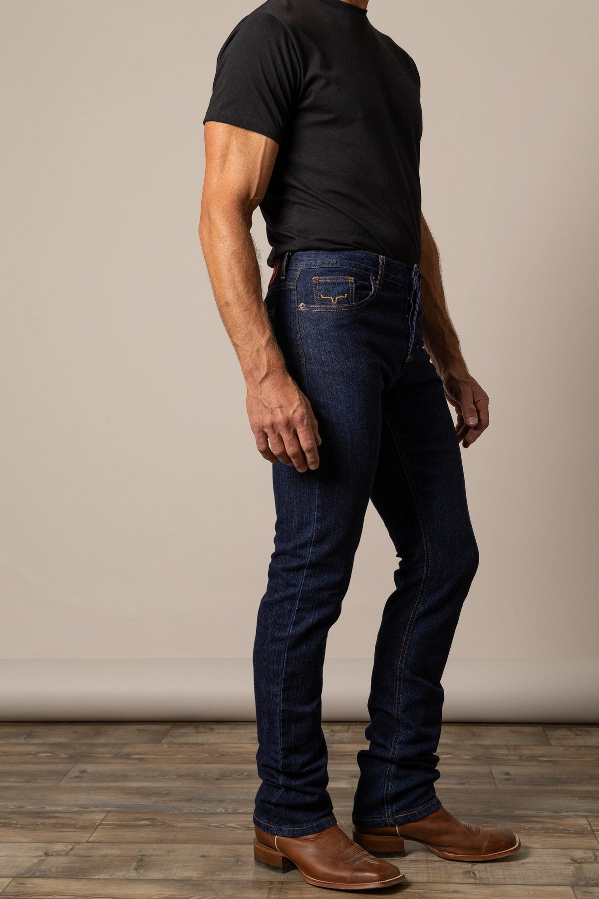 Kimes Ranch Wayne Slim Bootcut jeans in dark indigo with the slim fit and bootcut leg