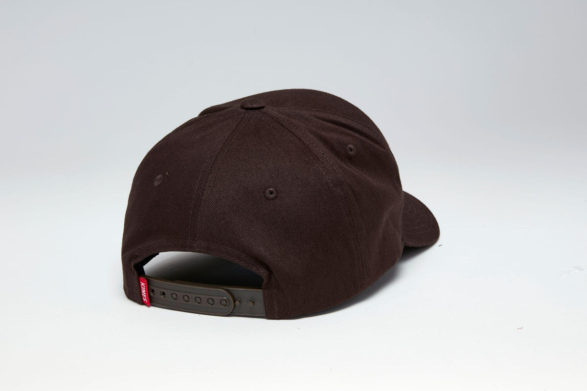 Kimes Ranch 66 hat in Dark Brown, back view, with a strap and red Kimes Ranch logo tag