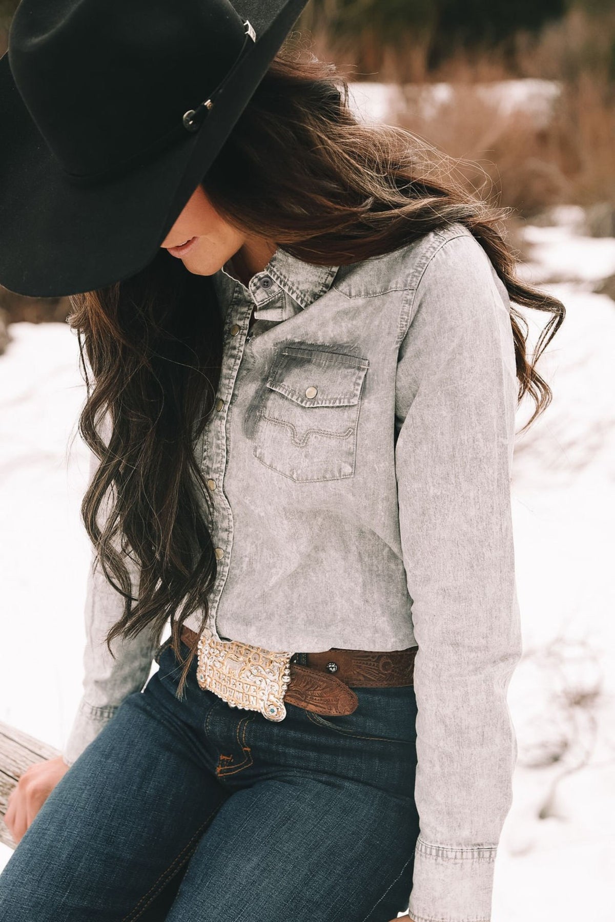 Kimes Ranch KC Tencel Top in Lt Grey, side view, with a button front and chest pockets