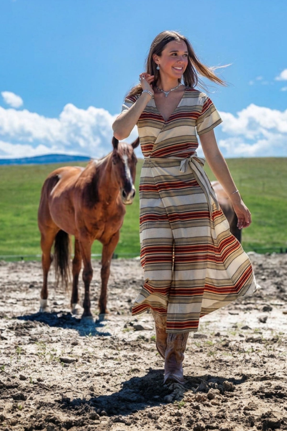 Kimes Ranch Celeste dress in Natural with short sleeves and a wrap waist with a tie belt
