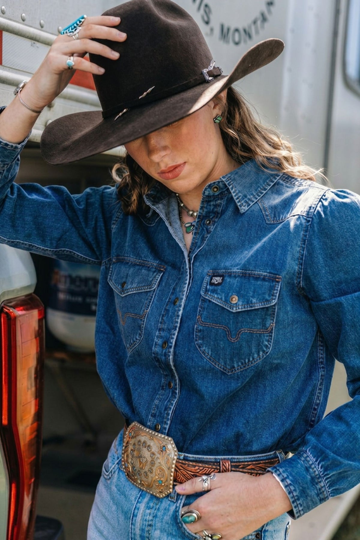 Kimes Ranch Jane Denim Snap top in Indigo Blue with western yoke stitching and snap front closure